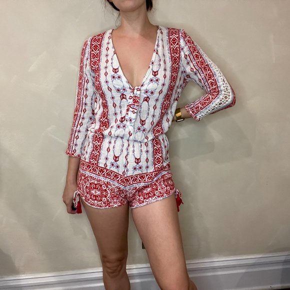 Saylor Red, White and Blue Boho Romper with Red Tassels in Size Small - Picture 2 of 9